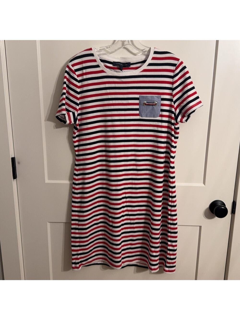 Tommy Hilfiger Dress Sz L Stripe Cotton T Shirt Knee Length Nautical Pockets